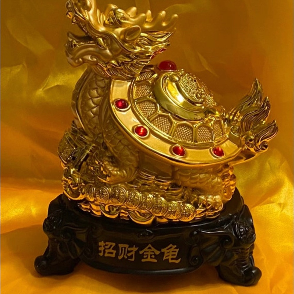 Gold Dragon Turtle Tortoise Statue With Base 8” - Picture 3 of 8